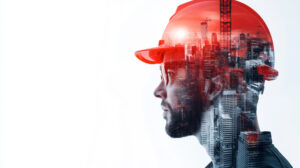 An artistic double exposure image of a construction worker surrounded by building structures, emphasizing the theme of progress and innovation