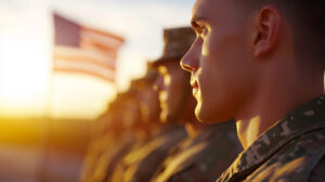 A united group of soldiers saluting at sunset